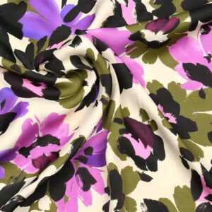 Kaki en paars bloemen satijn viscose