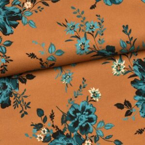 Petrol bloemen bruin viscose crêpe