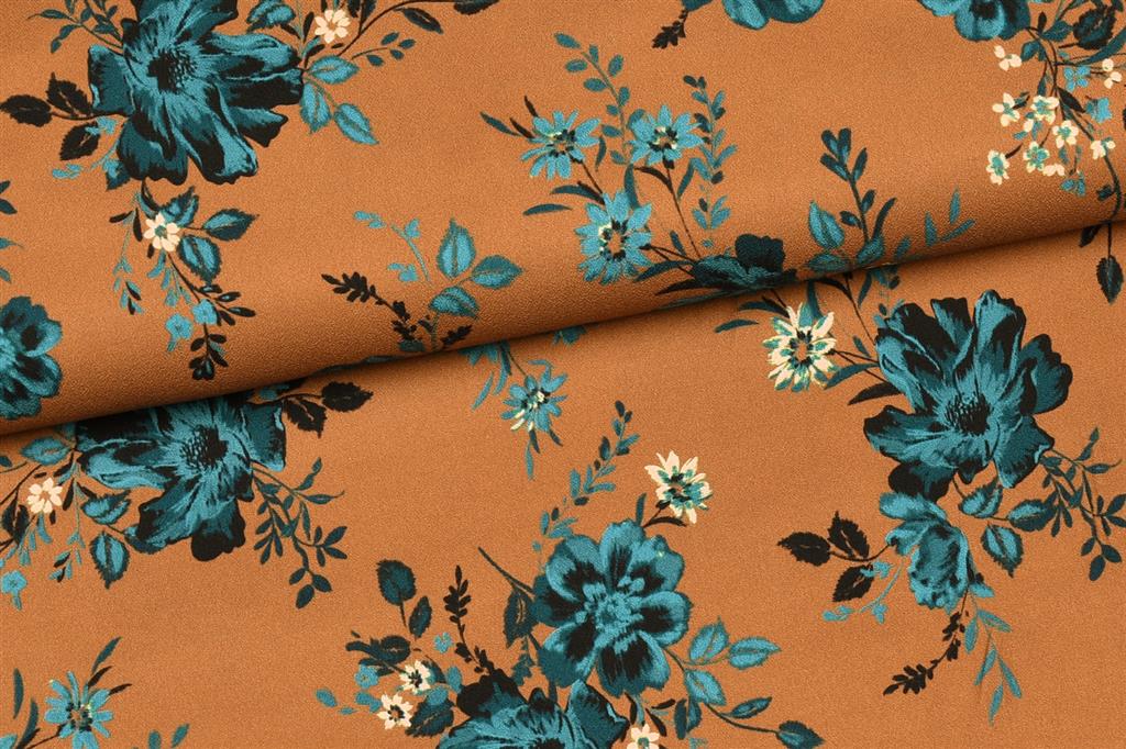 Petrol bloemen bruin viscose crêpe